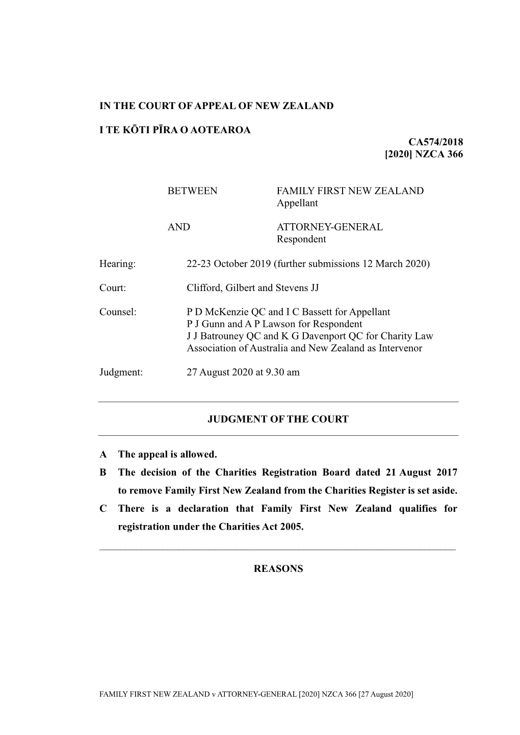 FAMILY FIRST NEW ZEALAND V ATTORNEY-GENERAL [2020] NZCA 366 [27 August 2020]