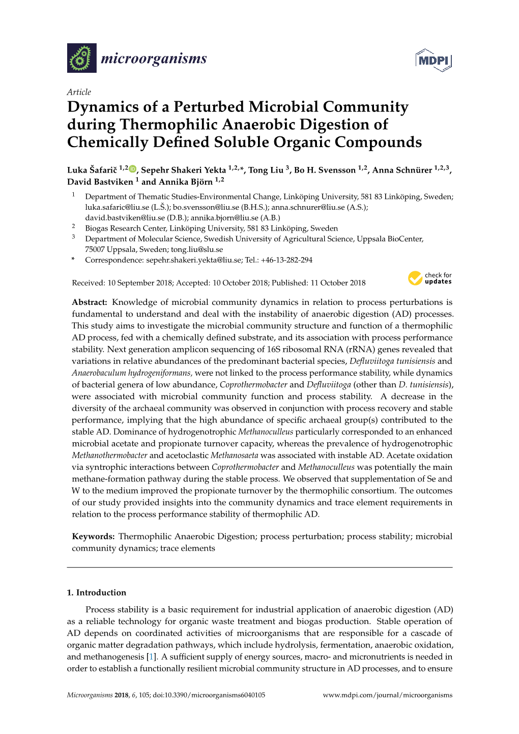 Dynamics of a Perturbed Microbial Community During Thermophilic Anaerobic Digestion of Chemically Deﬁned Soluble Organic Compounds