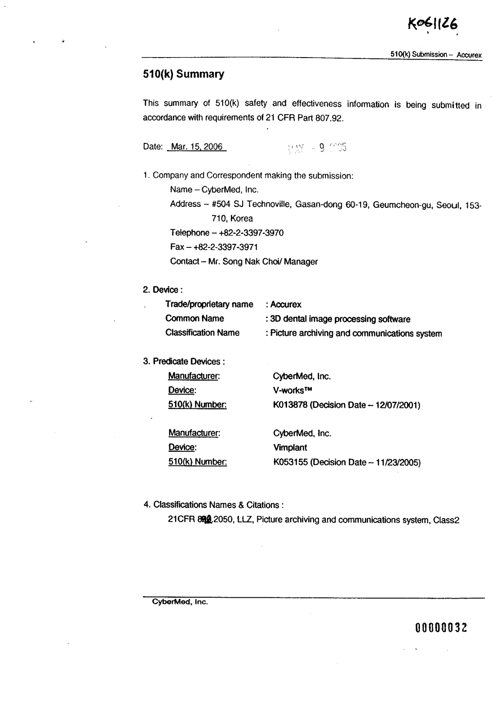 510(K) Submission - Accurex 510(K) Summary