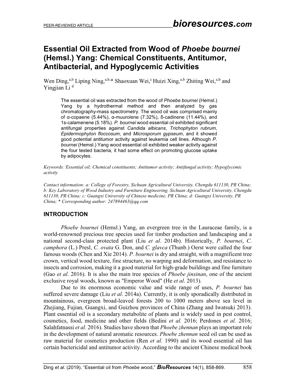 Essential Oil Extracted from Wood of Phoebe Bournei (Hemsl.) Yang: Chemical Constituents, Antitumor, Antibacterial, and Hypoglycemic Activities