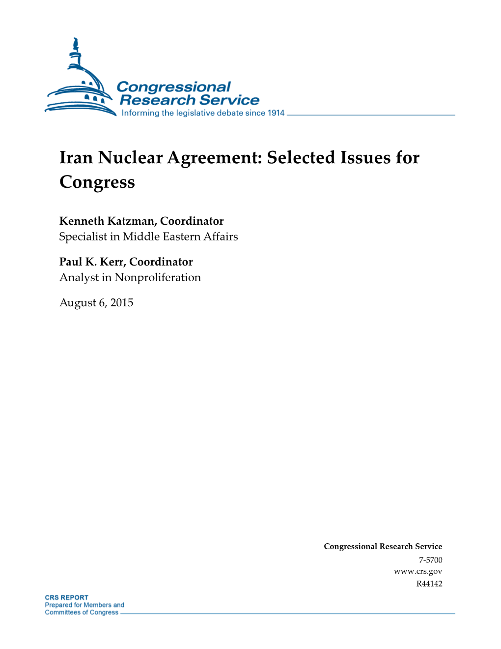 Iran Nuclear Agreement: Selected Issues for Congress