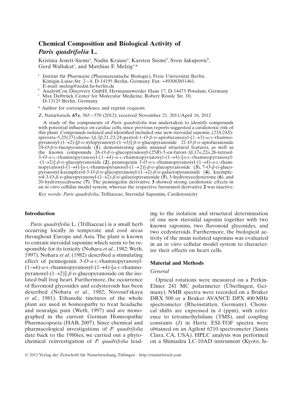 Chemical Composition and Biological Activity of Paris Quadrifolia L