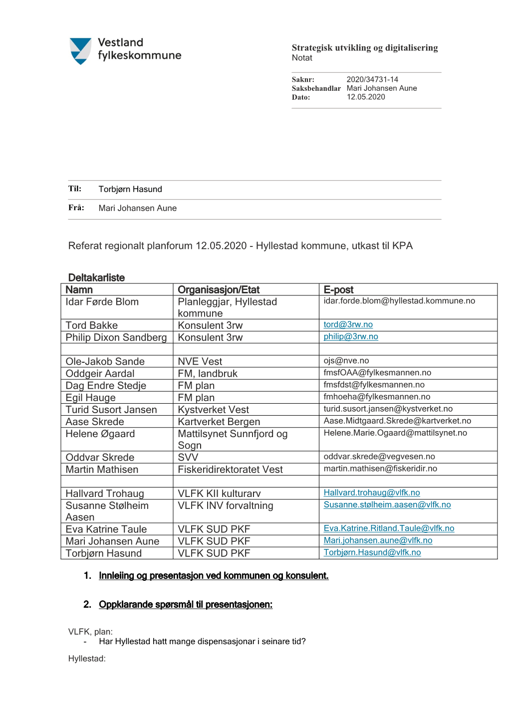 Hyllestad Kommune, Utkast Til KPA Deltakarliste Namn Organisasjon