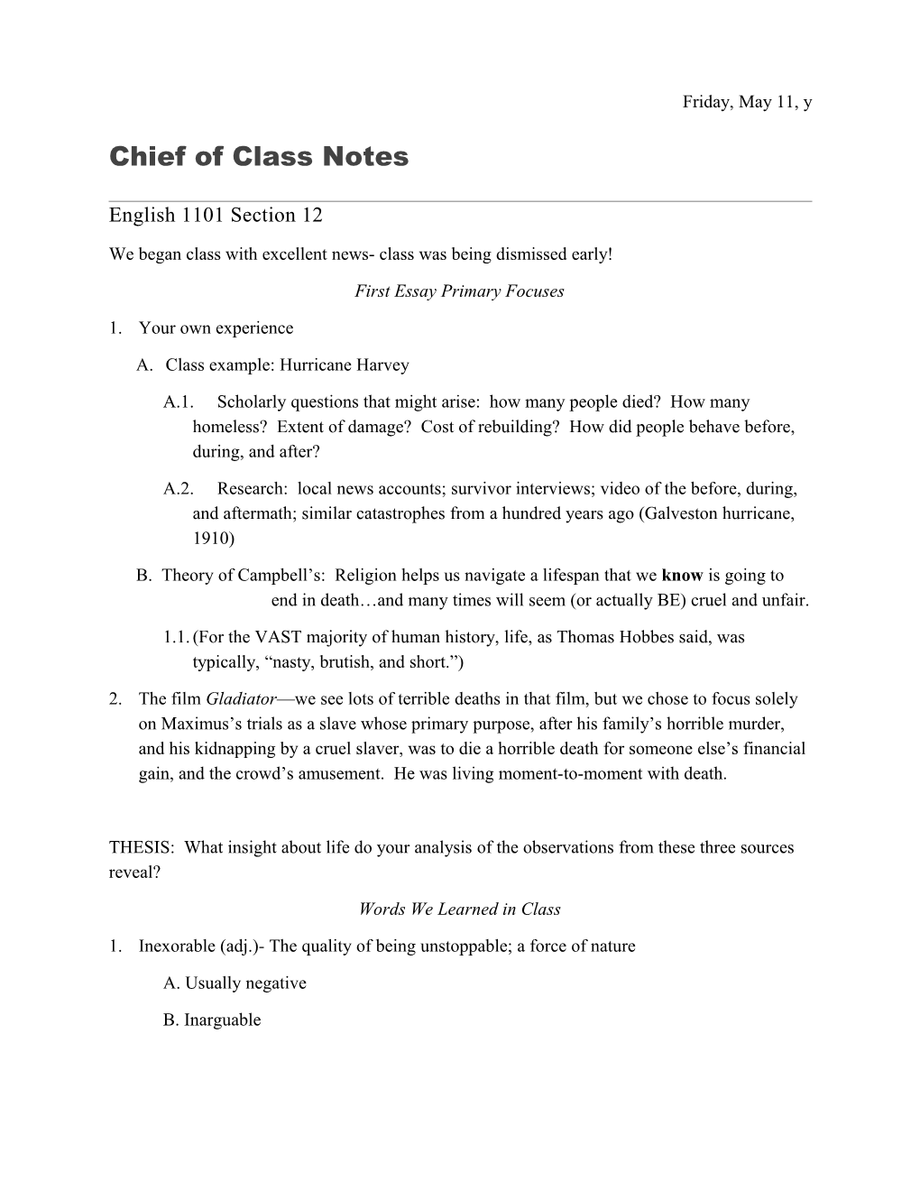 Chief of Class Notes