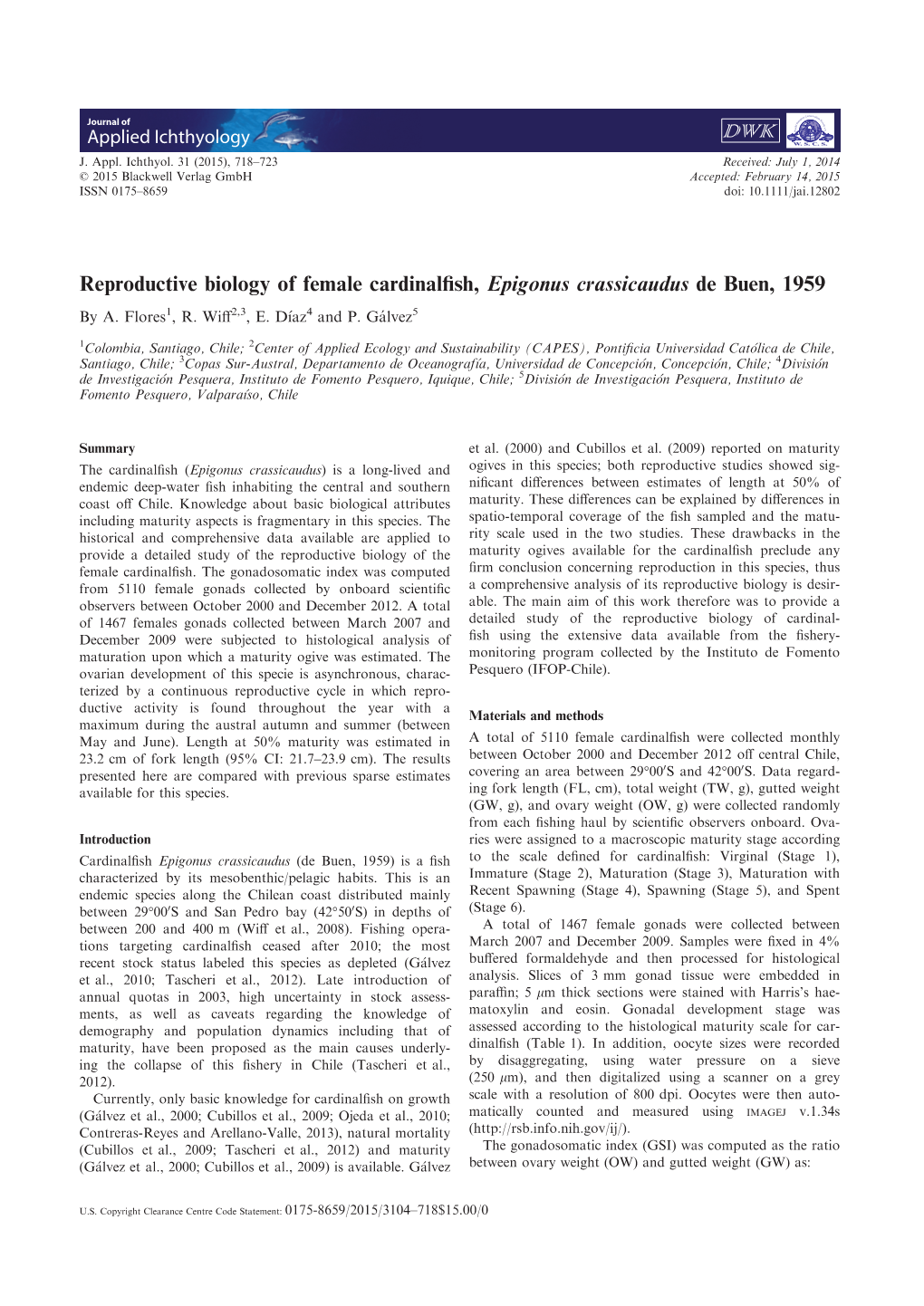 Reproductive Biology of Female Cardinalfish, Epigonus Crassicaudus De Buen, 1959