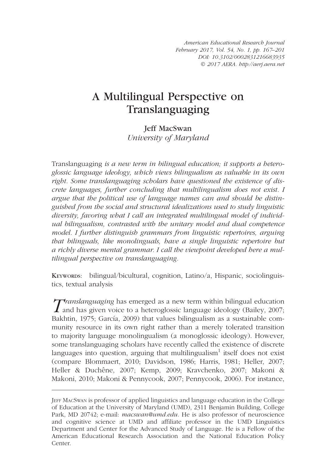 A Multilingual Perspective on Translanguaging