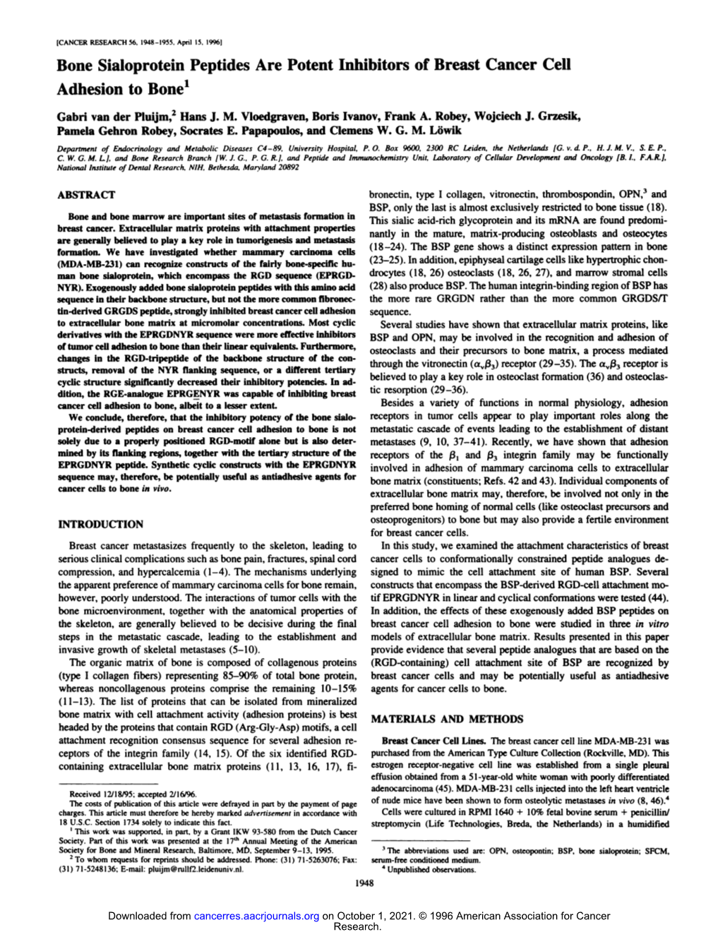 Bone Sialoprotein Peptides Are Potent Inhibitors of Breast Cancer Cell Adhesion to Bone'