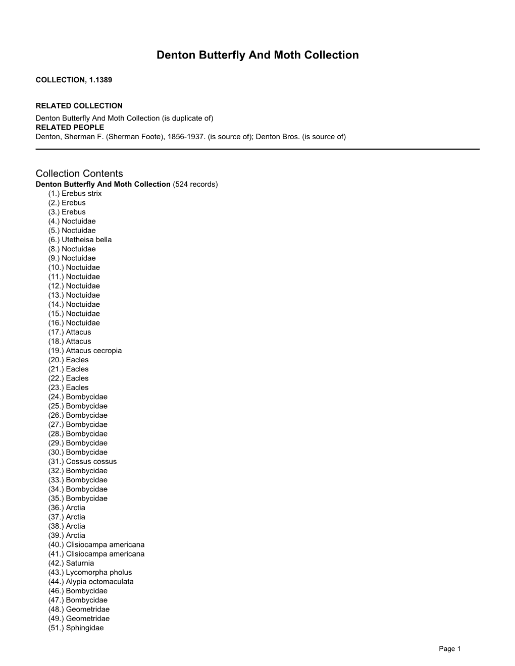 Summary for Denton Butterfly and Moth Collection (1.1389)