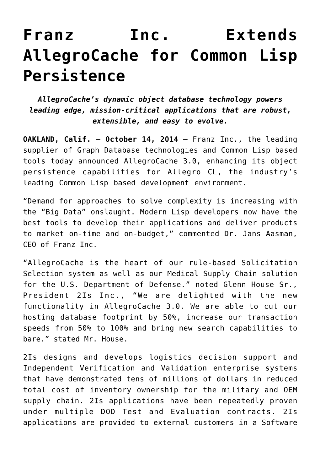 Franz Inc. Extends Allegrocache for Common Lisp Persistence