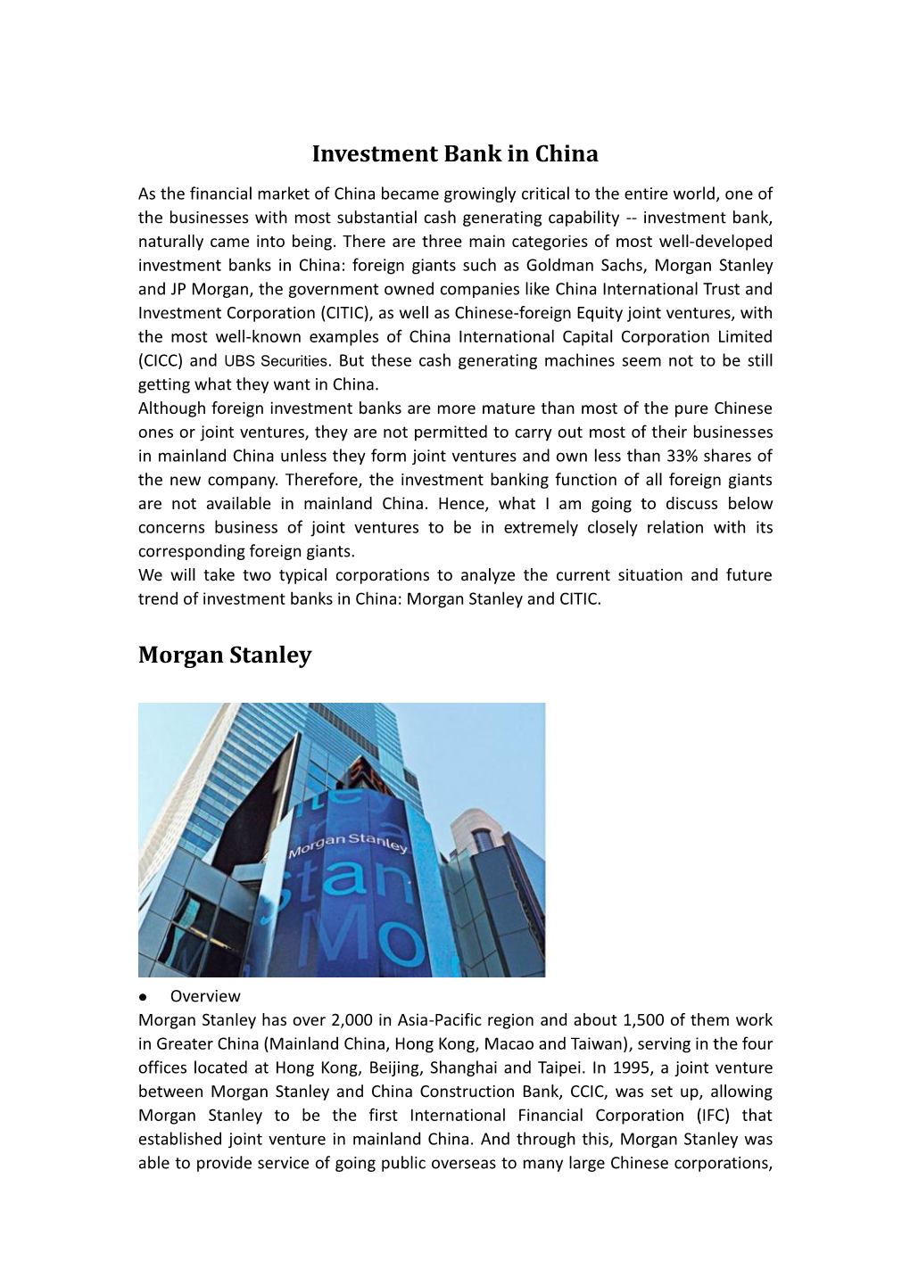 Investment Bank in China Morgan Stanley