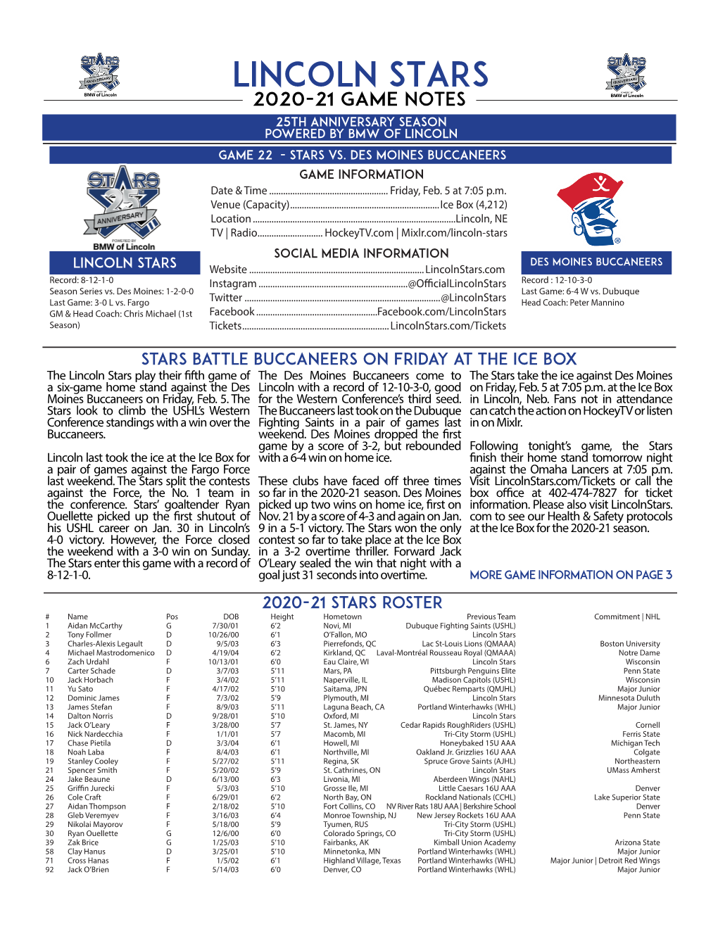 LINCOLN STARS 2020-21 GAME NOTES 25TH ANNIVERSARY SEASON Powered by BMW of LINCOLN GAME 22 - STARS Vs
