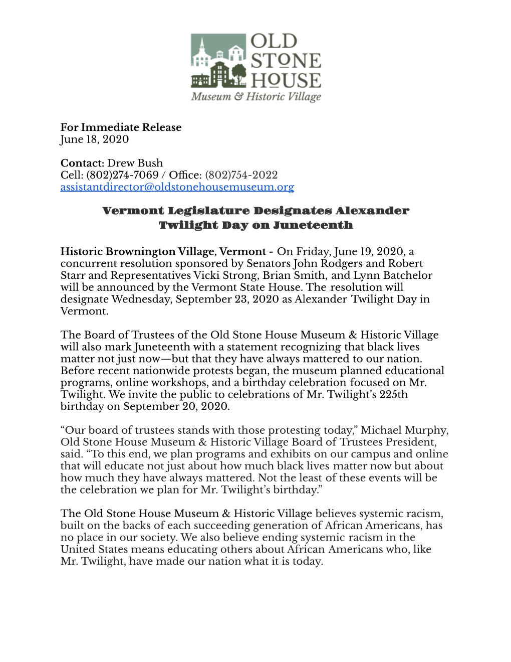 6.18.2020 Press Release Vermont Legislature Designates Alexander