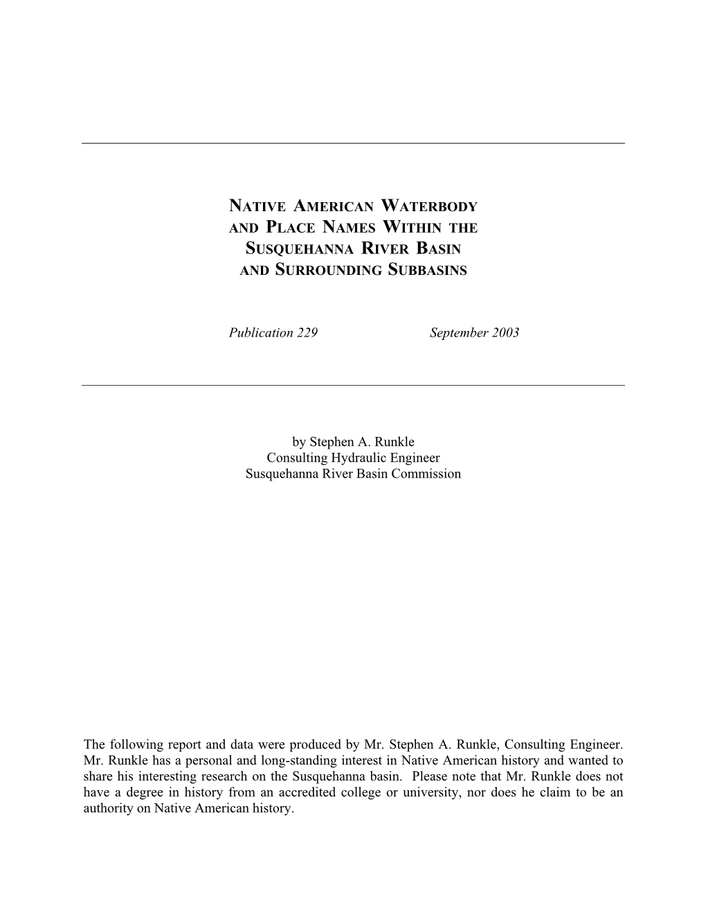 Native American Waterbody and Place Names Within the Susquehanna River Basin and Surrounding Subbasins