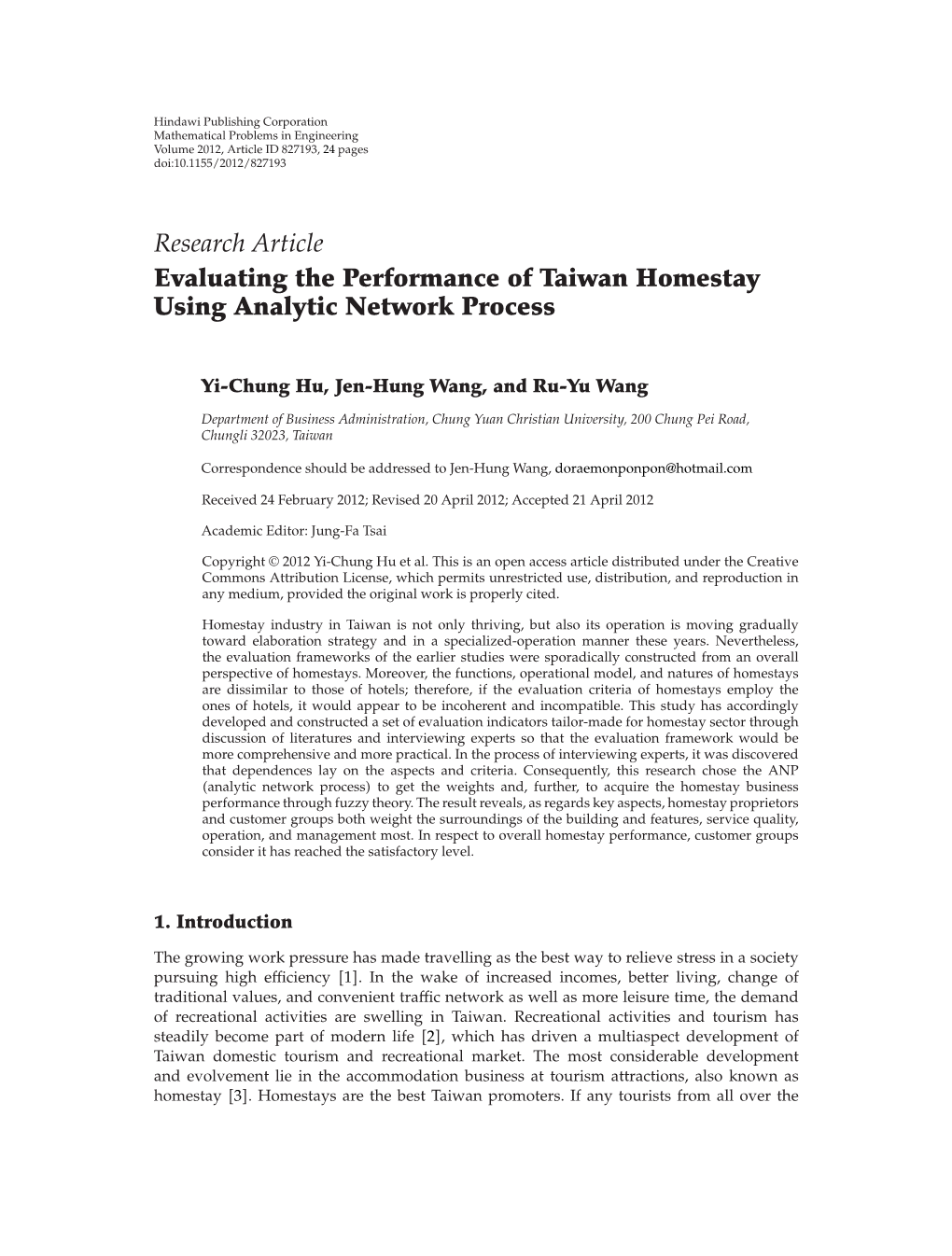 Evaluating the Performance of Taiwan Homestay Using Analytic Network Process