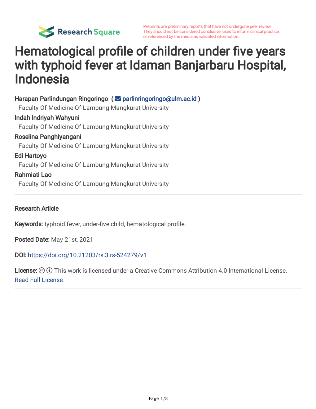 Hematological Pro Le of Children Under Ve Years with Typhoid Fever at Idaman Banjarbaru Hospital, Indonesia