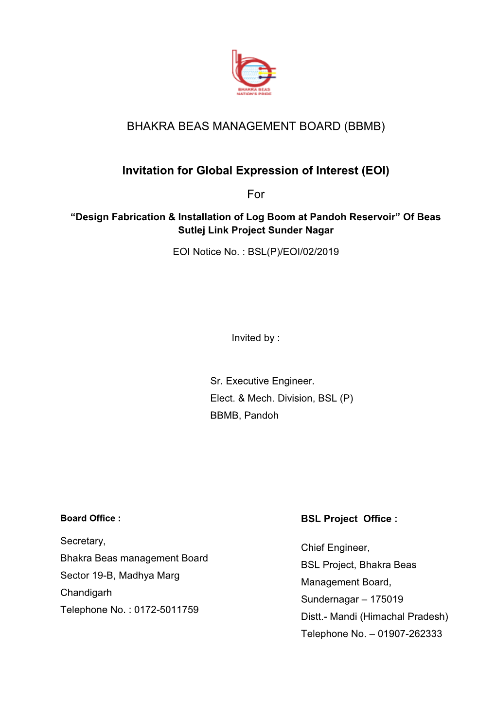 BHAKRA BEAS MANAGEMENT BOARD (BBMB) Invitation for Global Expression of Interest (EOI)