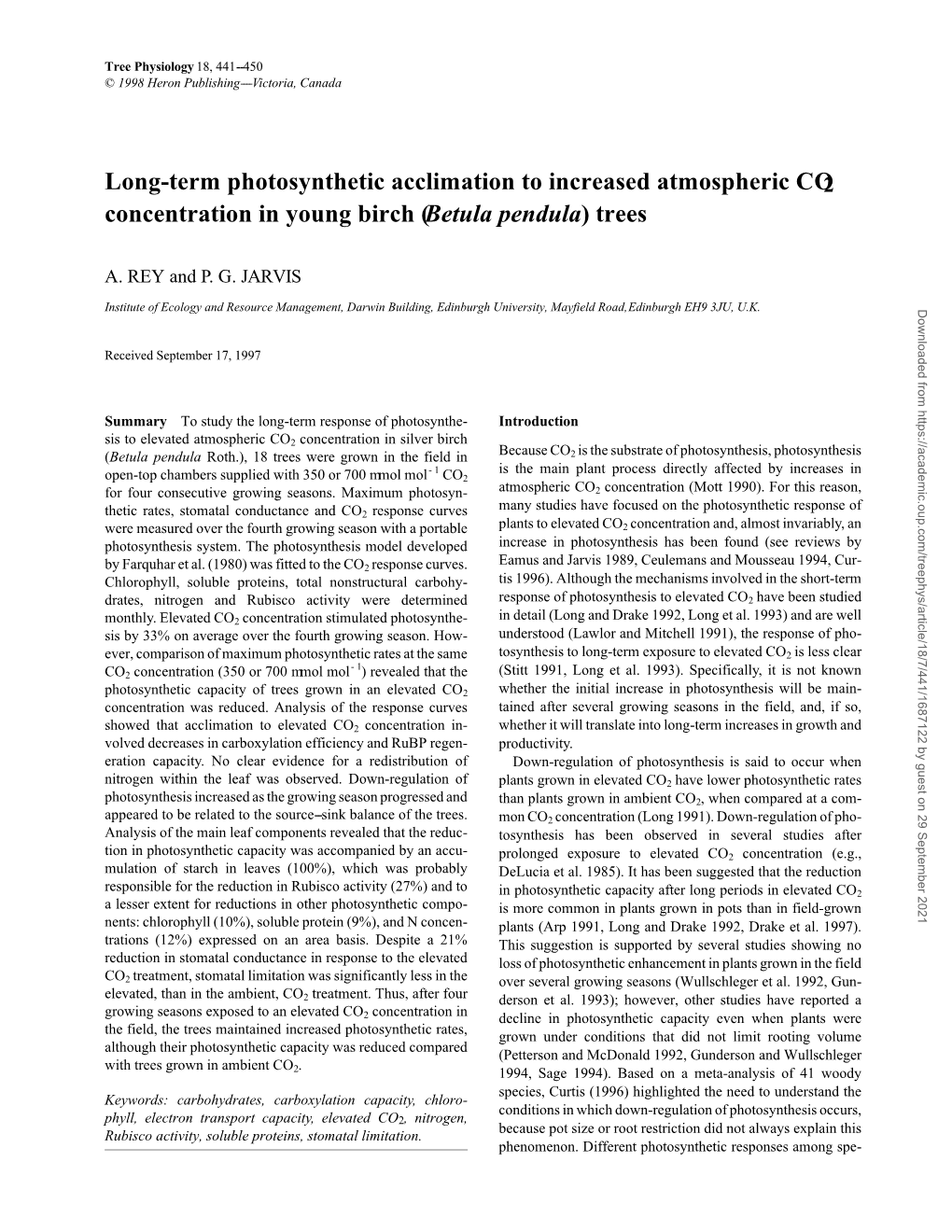 Long-Term Photosynthetic Acclimation to Increased Atmospheric CO2 Concentration in Young Birch (Betula Pendula) Trees