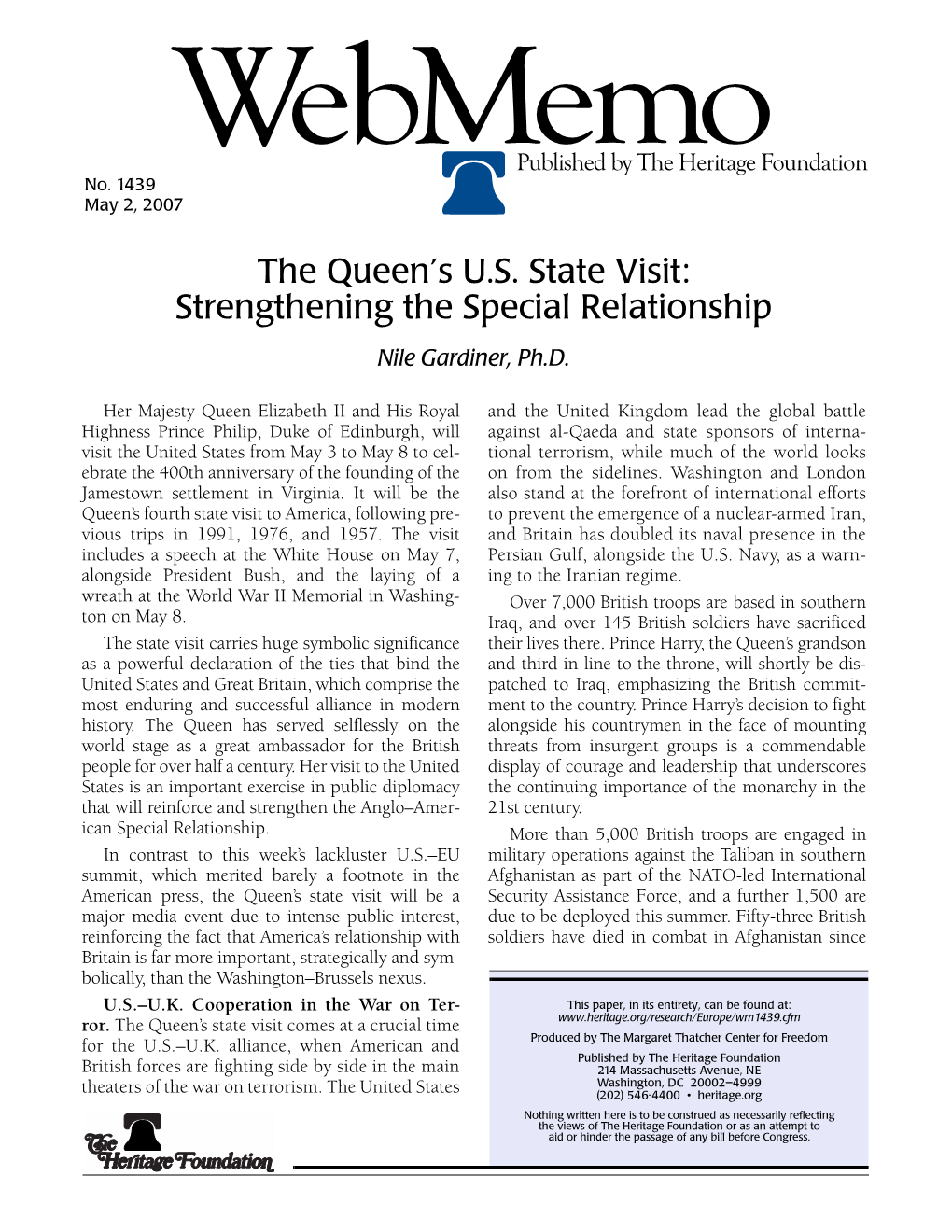 Strengthening the Special Relationship Nile Gardiner, Ph.D