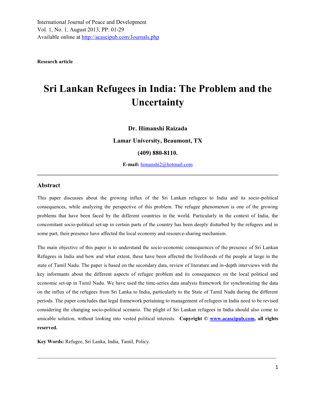 Sri Lankan Refugees in India: the Problem and the Uncertainty