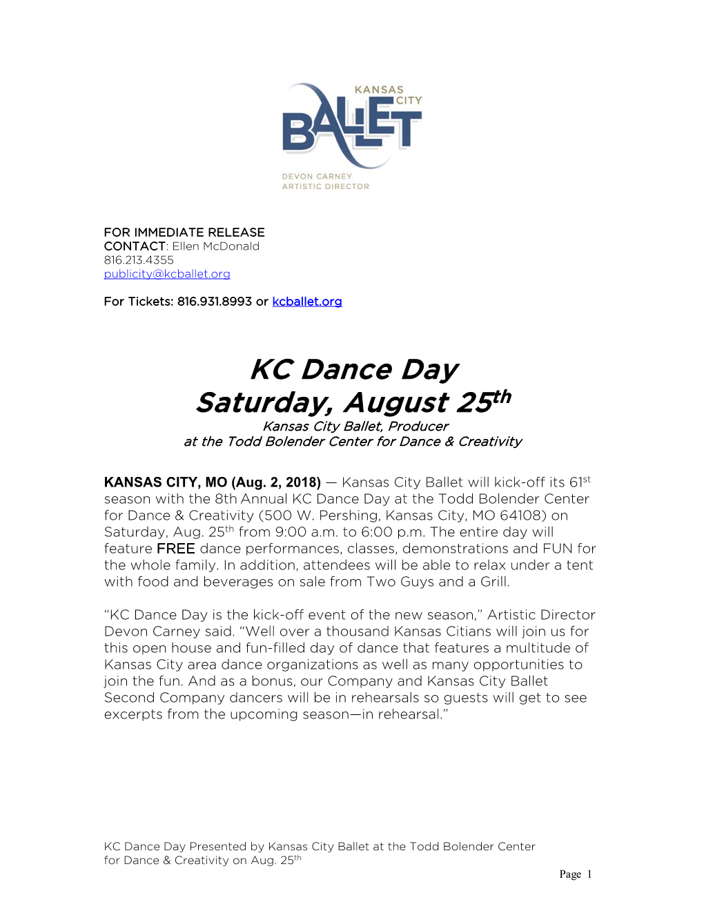 KC Dance Day Saturday, August 25Th Kansas City Ballet, Producer at the Todd Bolender Center for Dance & Creativity