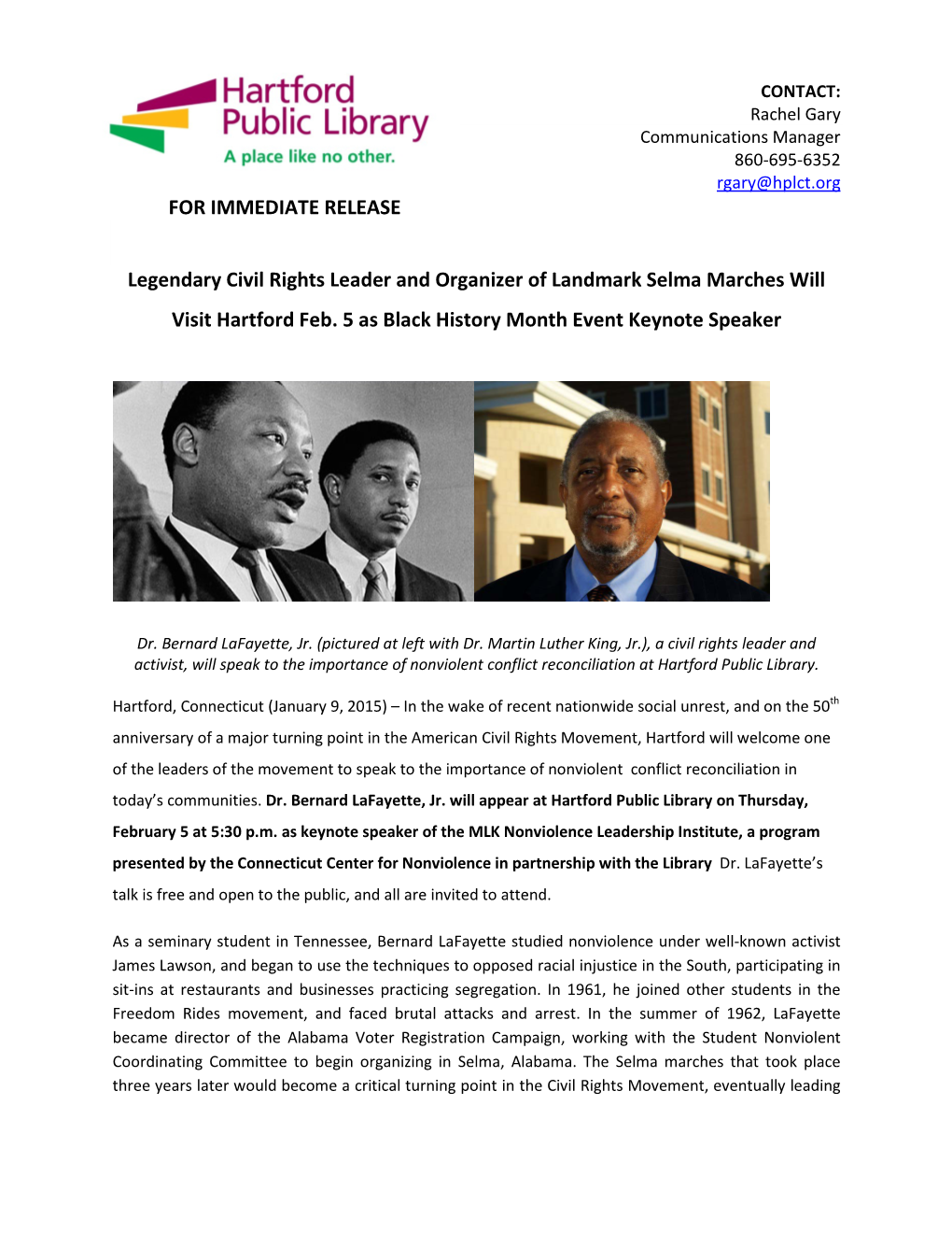 FOR IMMEDIATE RELEASE Legendary Civil Rights Leader And