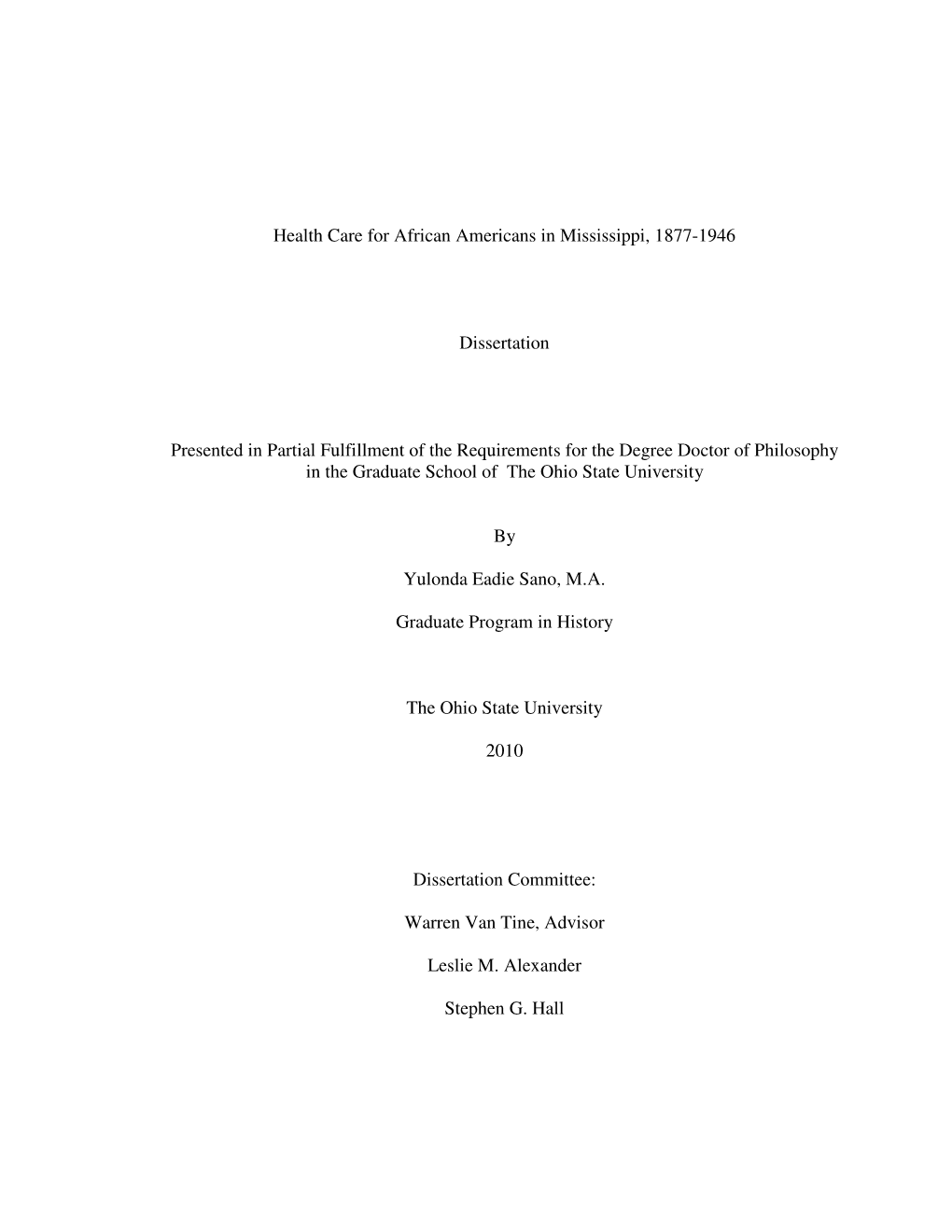 Health Care for African Americans in Mississippi, 1877-1946 Dissertation