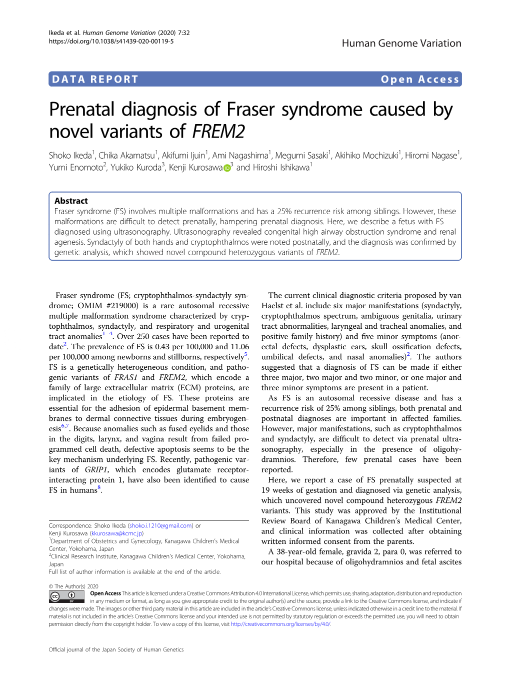 Prenatal Diagnosis of Fraser Syndrome Caused by Novel Variants