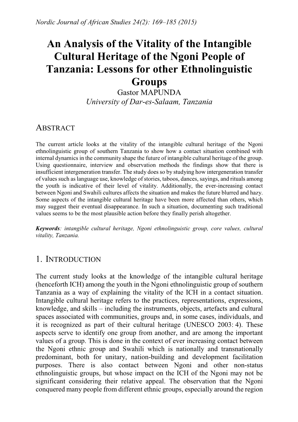 An Analysis of the Vitality of the Intangible Cultural Heritage of the Ngoni People of Tanzania: Lessons for Other Ethnolinguist