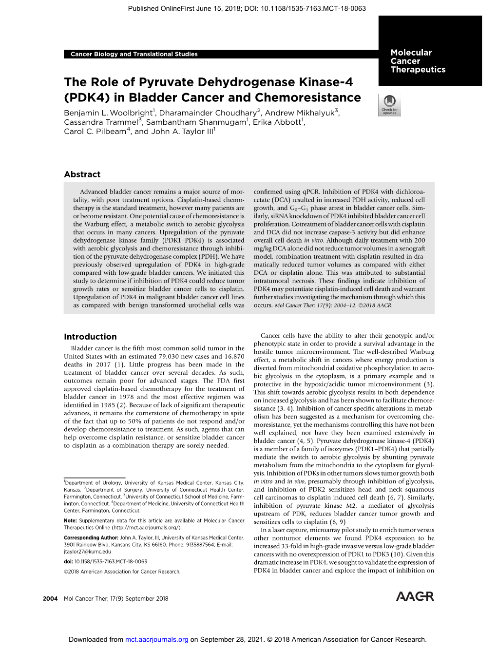 PDK4) in Bladder Cancer and Chemoresistance Benjamin L