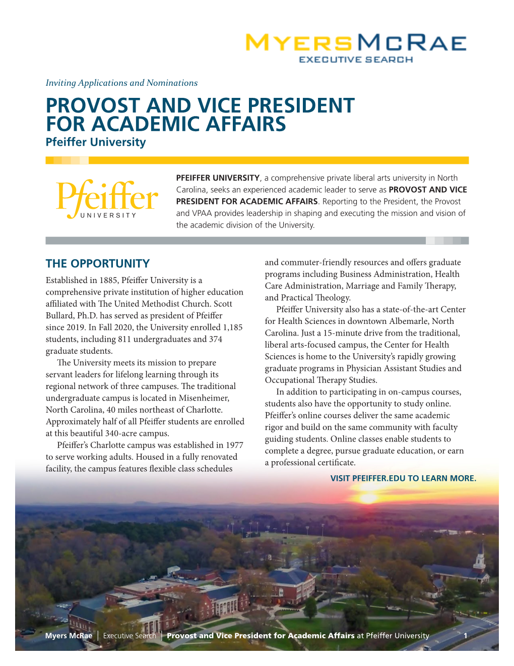 Provost and Vice President for Academic Affairs Pfeiffer University