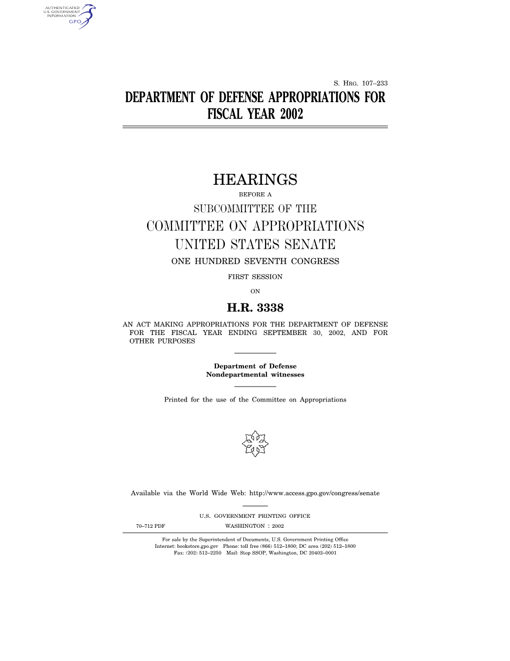 Department of Defense Appropriations for Fiscal Year 2002