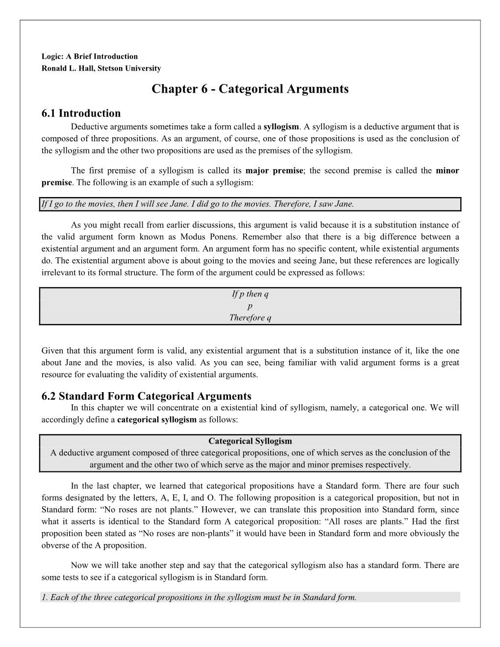 Chapter 6 - Categorical Arguments