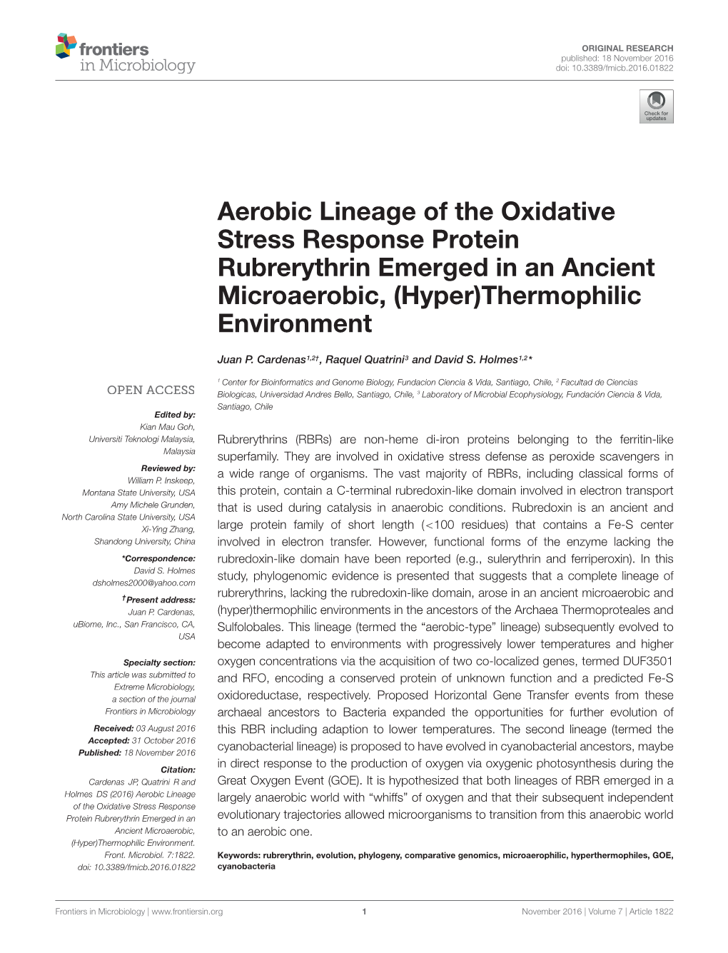 Aerobic Lineage of the Oxidative Stress Response Protein Rubrerythrin Emerged in an Ancient Microaerobic, (Hyper)Thermophilic Environment