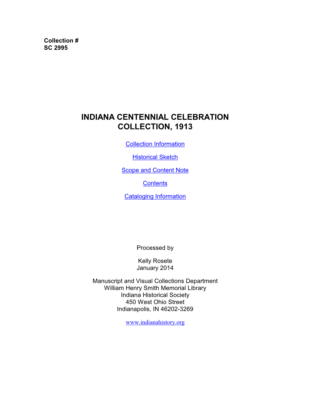 Indiana Centennial Celebration Collection, 1913