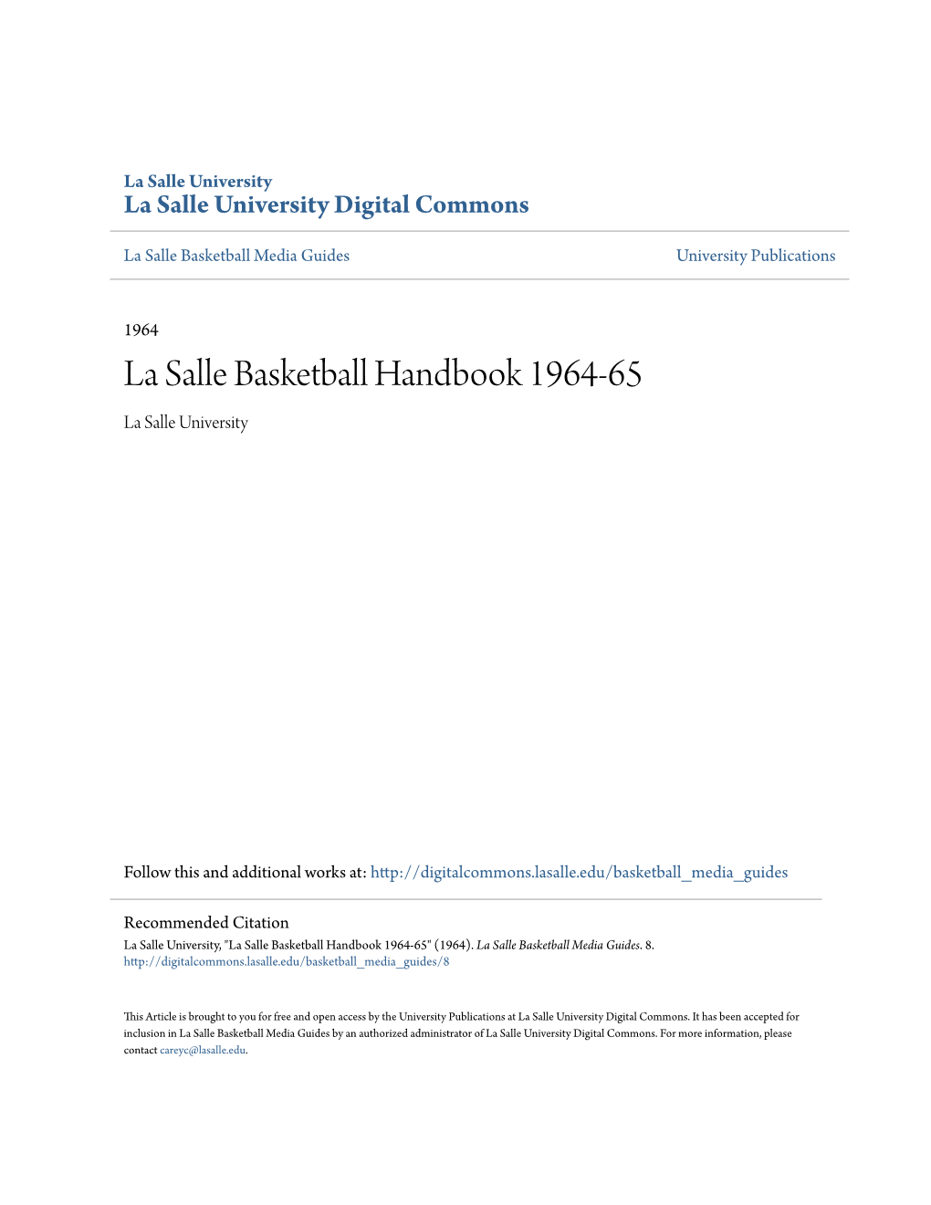 La Salle Basketball Handbook 1964-65 La Salle University