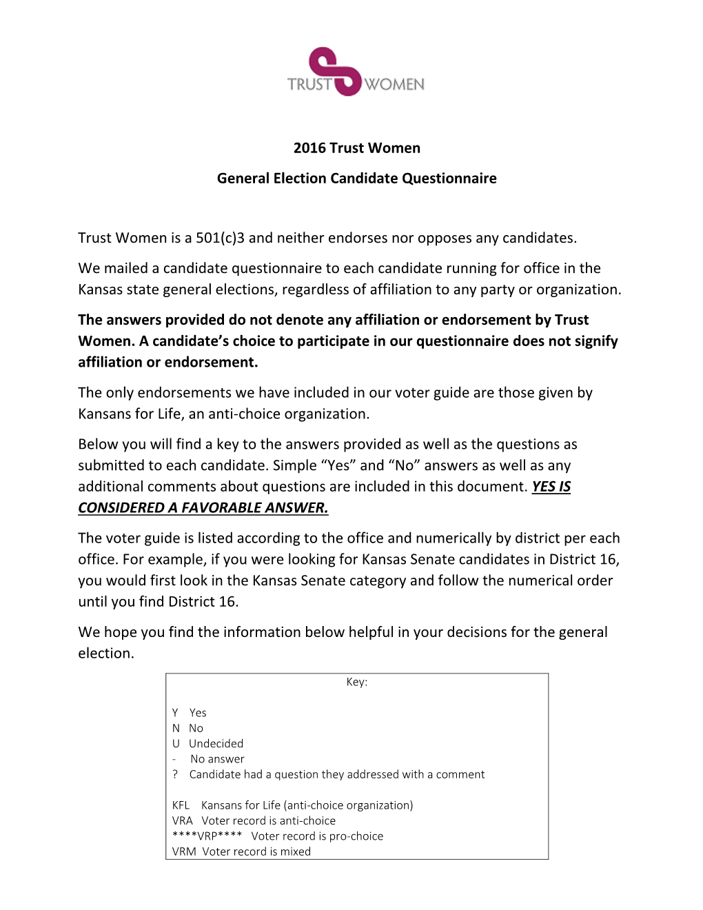 2016 Trust Women General Election Candidate Questionnaire