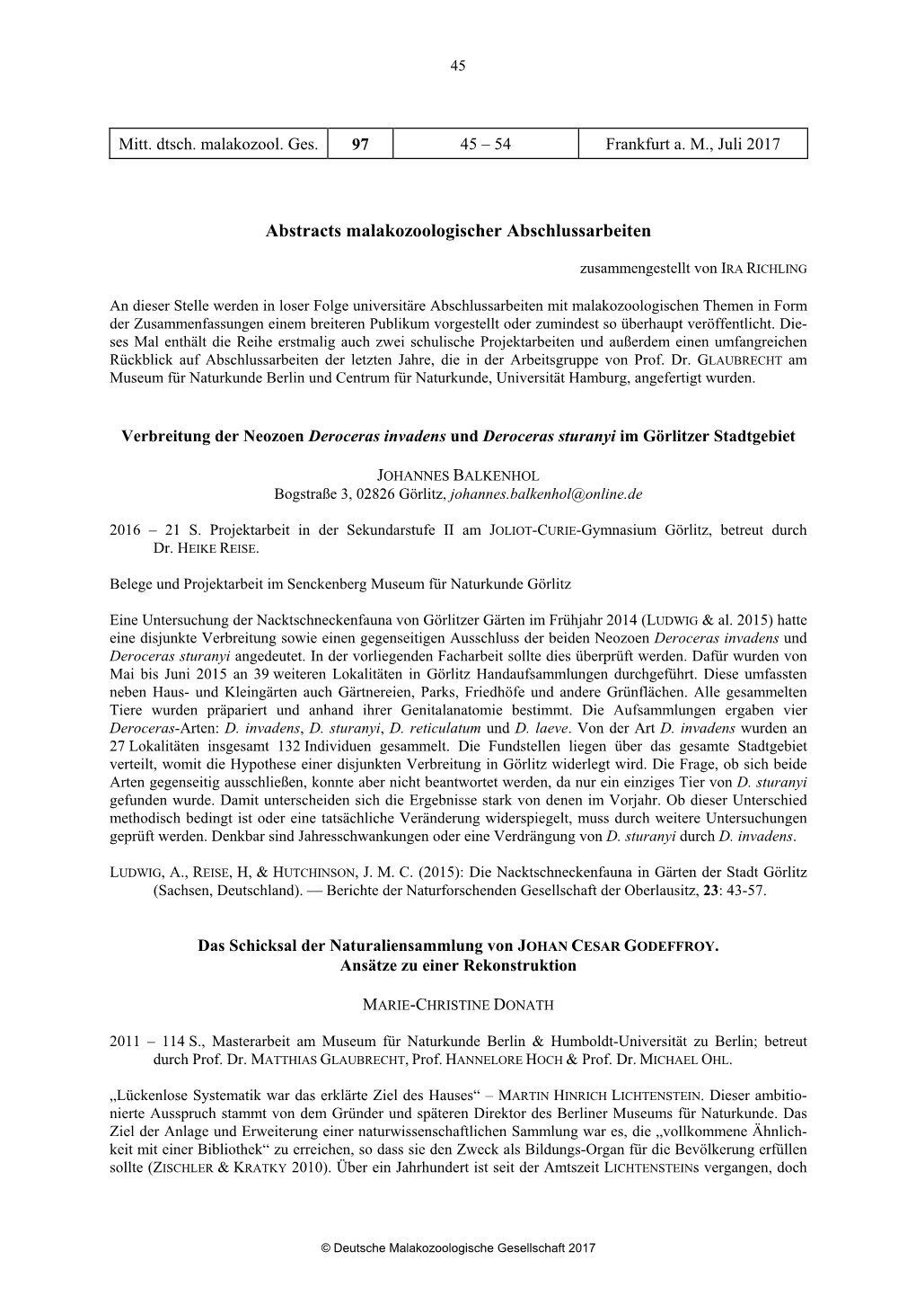 Abstracts Malakozoologischer Abschlussarbeiten