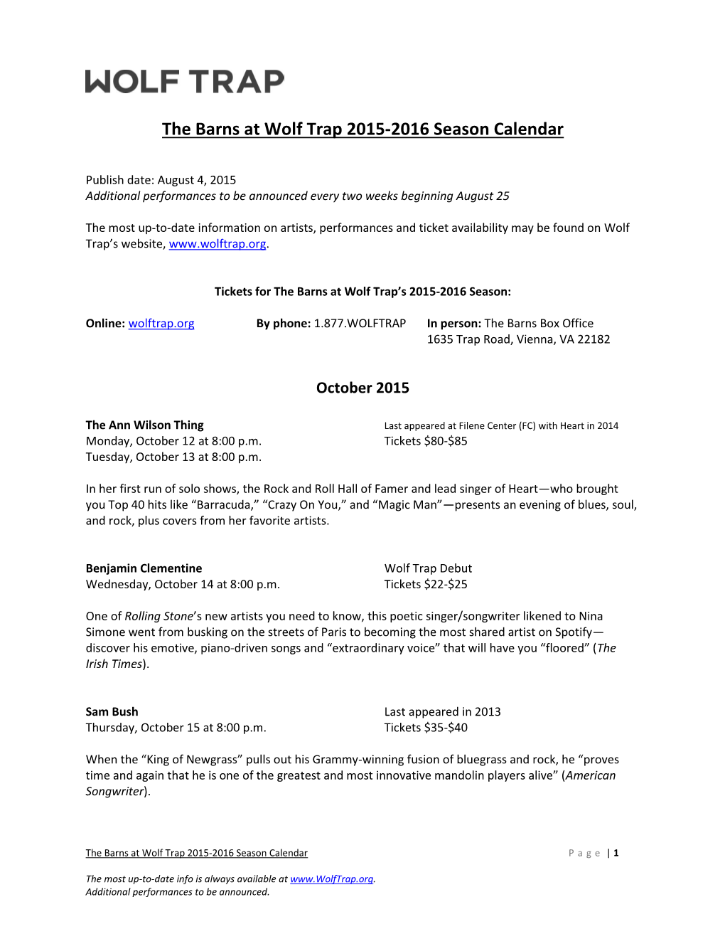 The Barns at Wolf Trap 2015-2016 Season Calendar