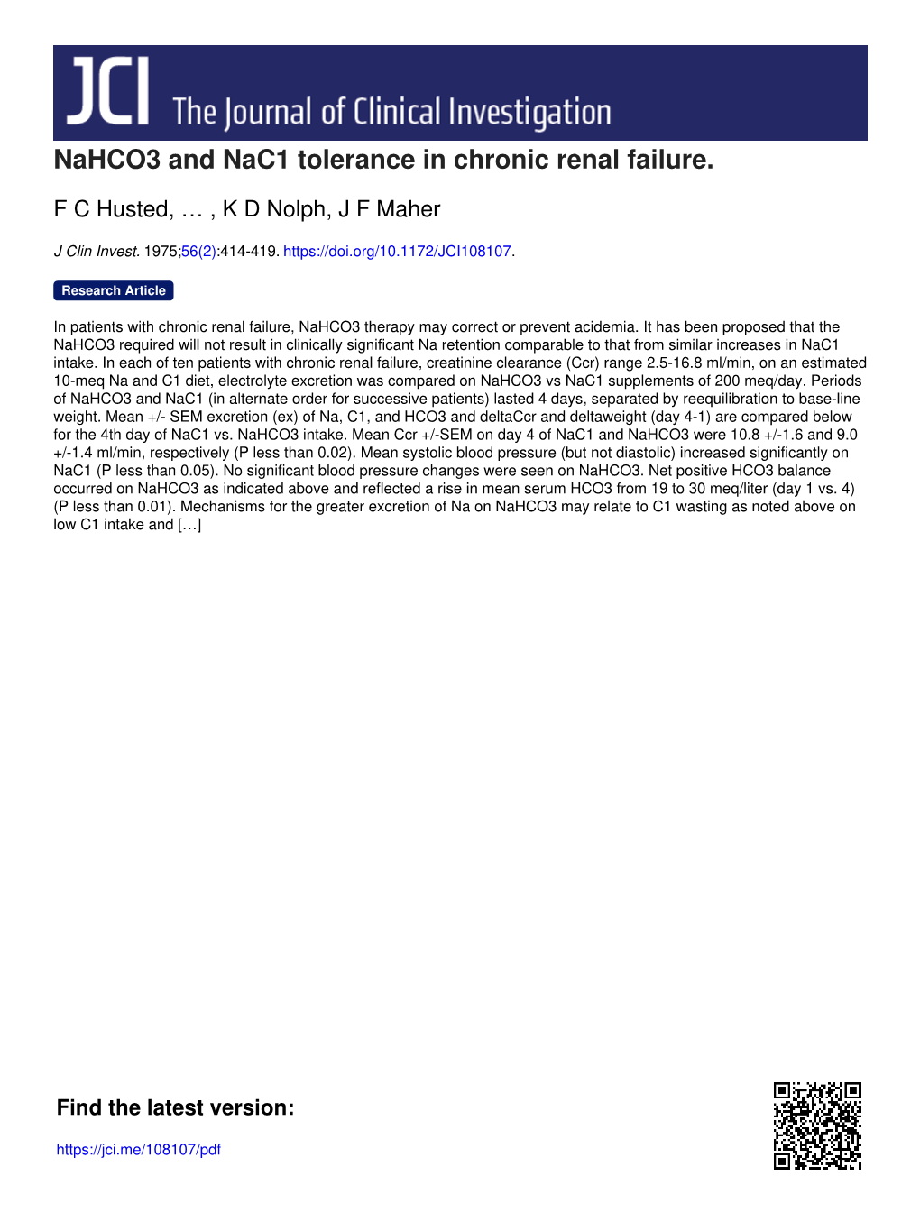 Nahco3 and Nac1 Tolerance in Chronic Renal Failure