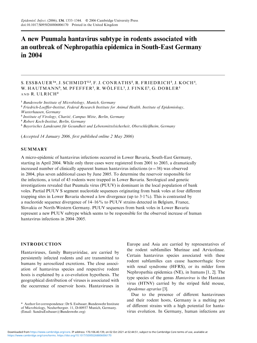 A New Puumala Hantavirus Subtype in Rodents Associated with an Outbreak of Nephropathia Epidemica in South-East Germany in 2004