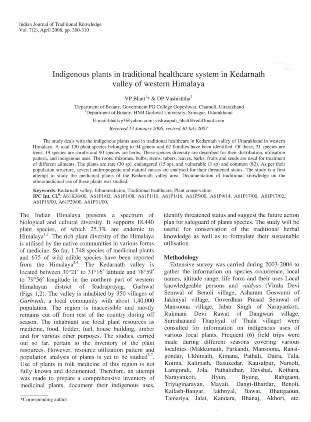 Indigenous Plants in Traditional Healthcare System in Kedarnath Valley of Western Himalaya