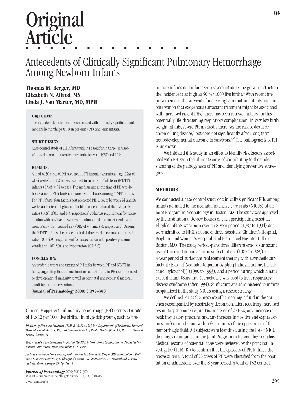 Original Article ⅢⅢⅢⅢⅢⅢⅢⅢⅢⅢⅢⅢⅢⅢ Antecedents of Clinically Significant Pulmonary Hemorrhage Among Newborn Infants