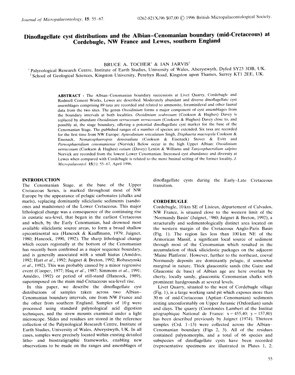 Dinoflagellate Cyst Distributions and the Albian-Cenomanian Boundary (Mid-Cretaceous) at Cordebugle, NW France and Lewes, Southern England