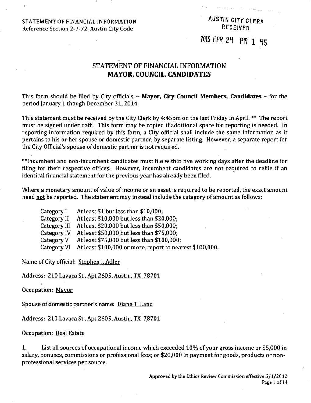 Steve Adler 2014 Statement of Financial Information (City Code)