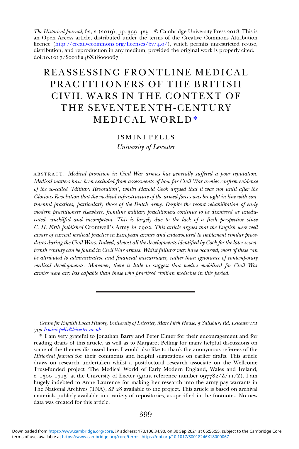 Reassessing Frontline Medical Practitioners of the British Civil Wars in the Context of the Seventeenth-Century Medical World*