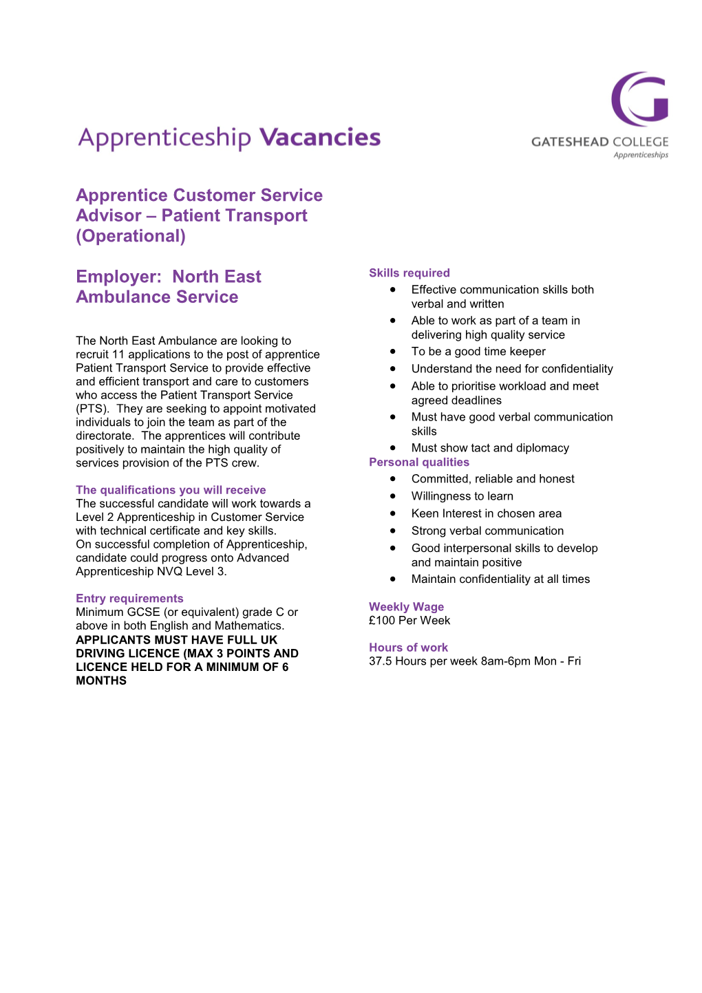 Apprentice Customer Service Advisor Patient Transport (Operational)