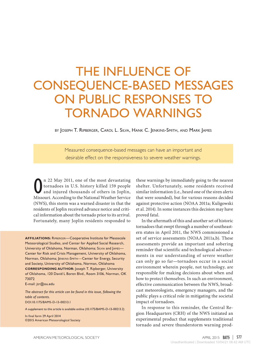 The Influence of Consequence-Based Messages on Public Responses to Tornado Warnings
