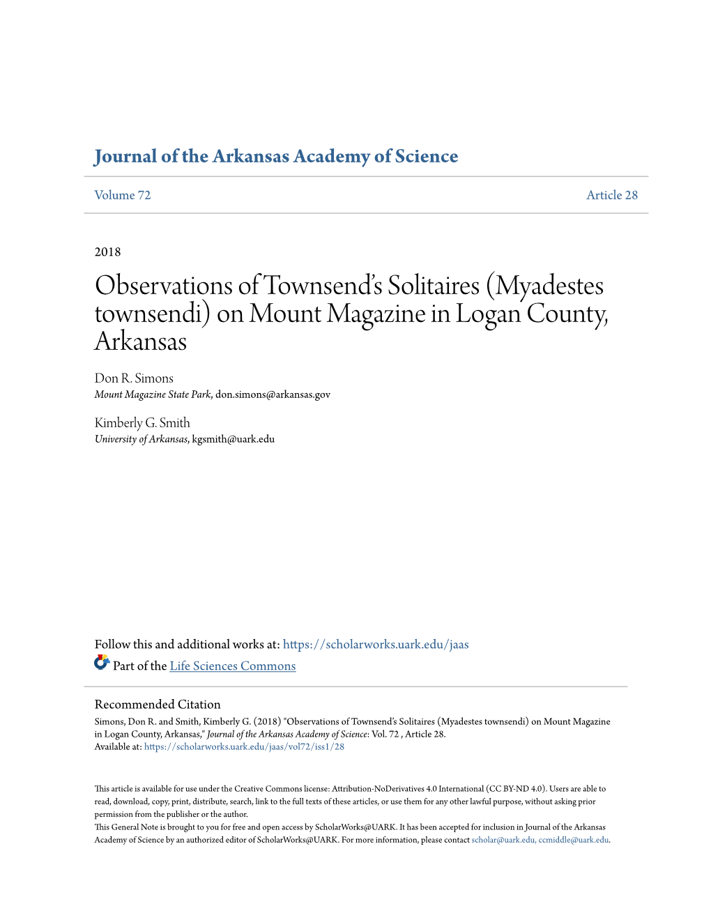 Observations of Townsend's Solitaires (Myadestes Townsendi) on Mount Magazine in Logan County, Arkansas