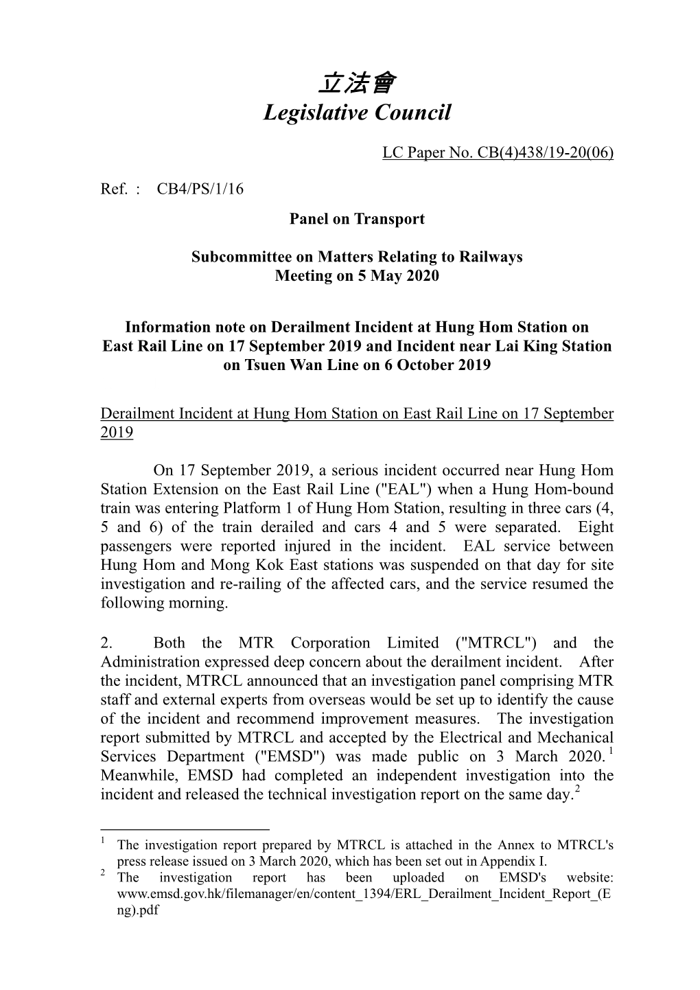 Information Note on Derailment Incident at Hung Hom Station On