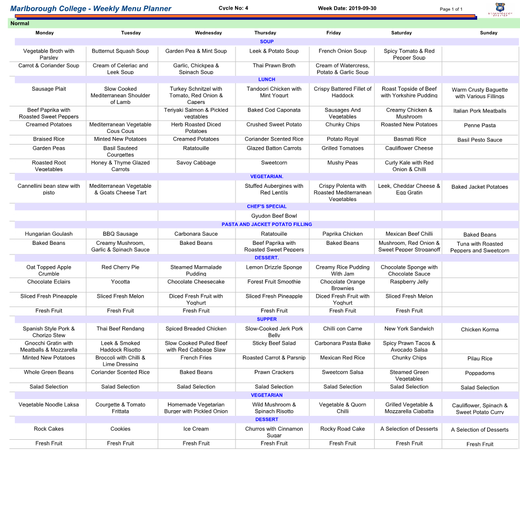 Weekly Menu Planner Cycle No: 4 Week Date: 2019-09-30 Page 1 of 1